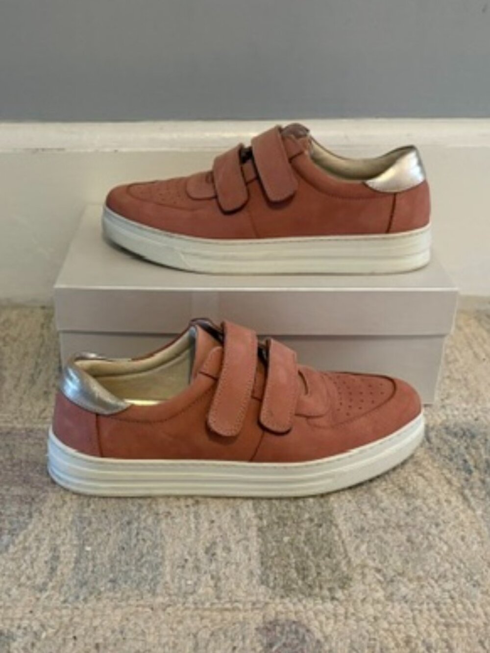 Boden Soft Pink Suede Velcro Sneakers with Metallic Silver Accents, Size 7